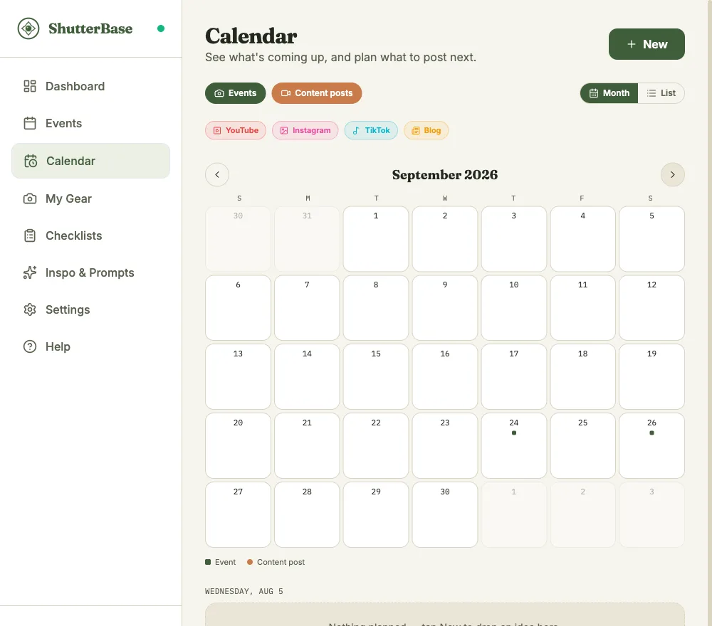 Content Calendar month view, showing event dots on several days