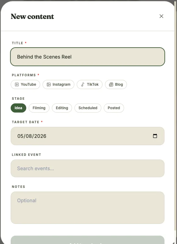 New content post modal, showing platform selection and stage