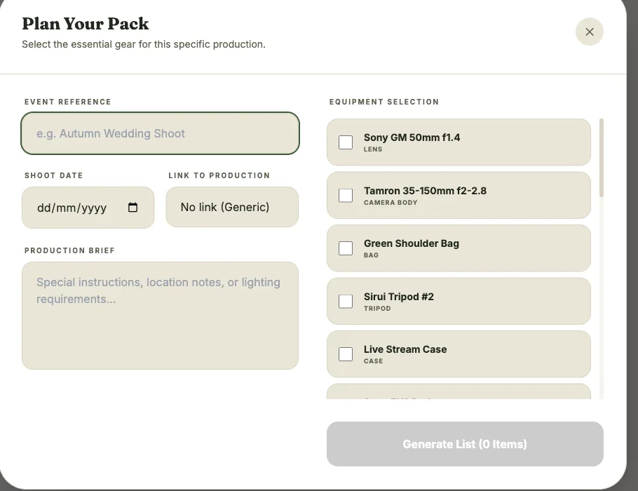 New Checklist modal, showing the equipment selection panel