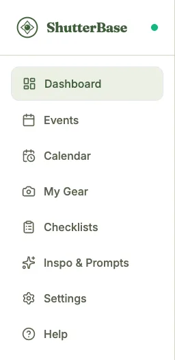 ShutterBase main navigation sidebar