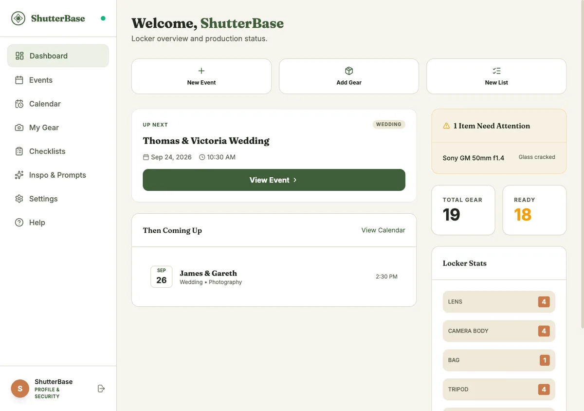 ShutterBase dashboard, showing the Up Next card, gear status, and stats panel