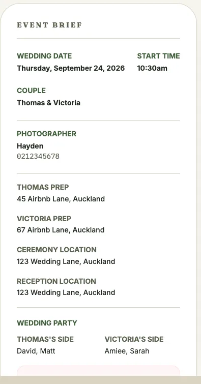 Event Brief panel for a wedding, showing dates, couple names, and locations