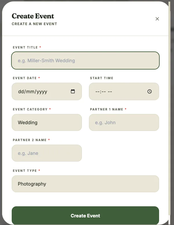 New Event modal, showing the title, date, category, and type fields