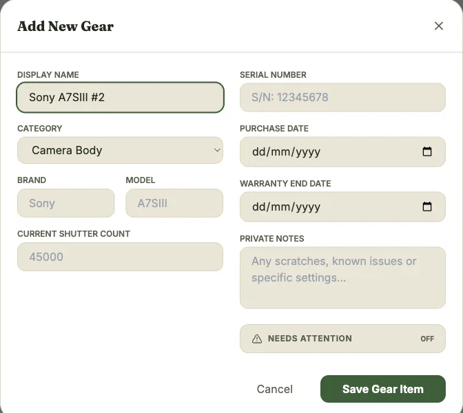 Add New Gear modal, showing the name, category, and warranty fields