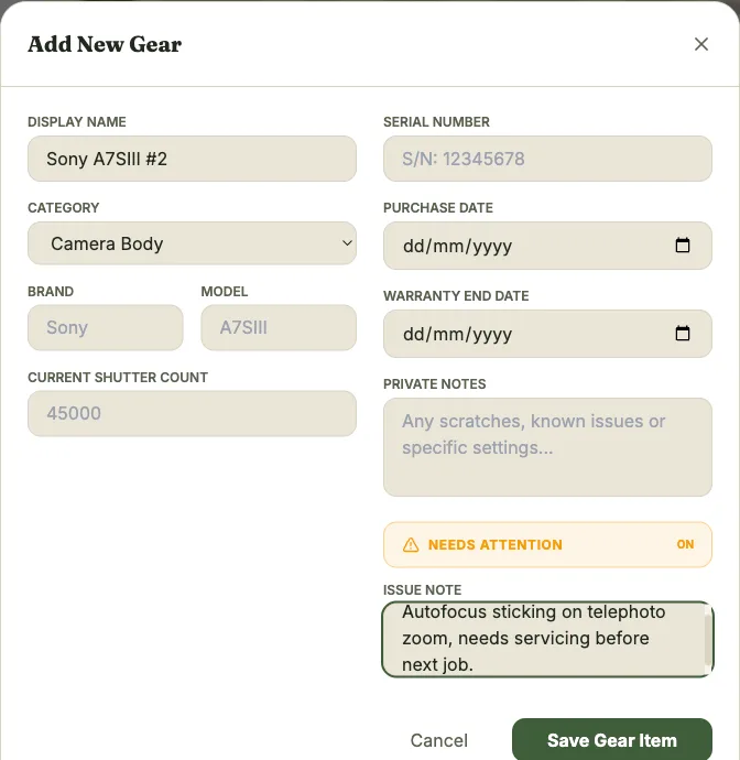 Gear edit form, “Needs Attention” toggle switched on with an issue note