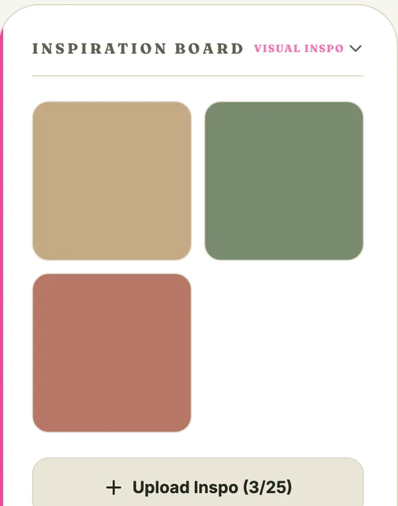 Inspiration Board section expanded, showing a grid of uploaded photos