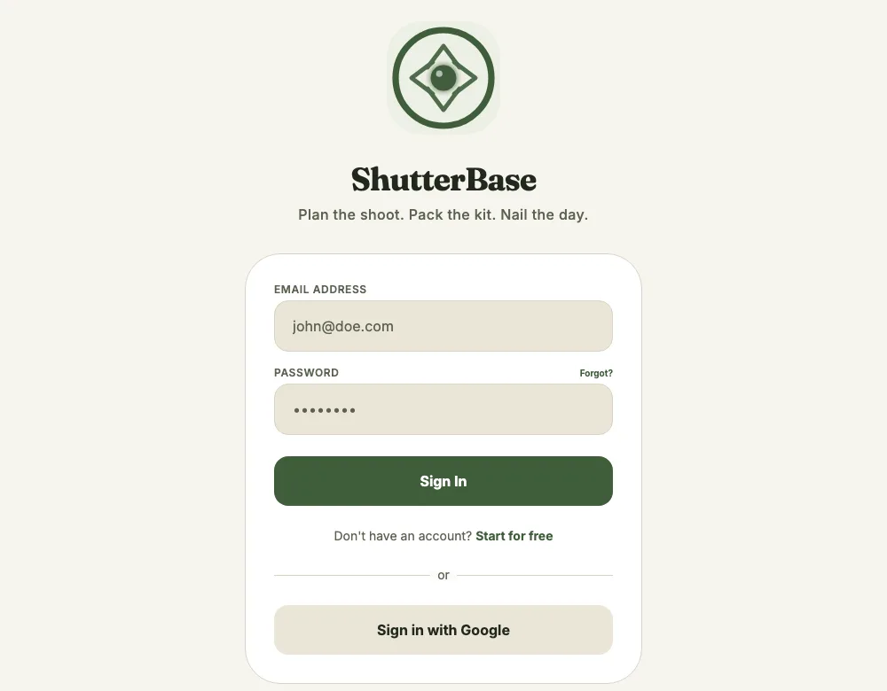 ShutterBase login screen, showing the email/password form and the “Sign in with Google” button