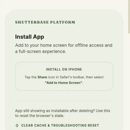 Settings page install card, showing the iOS “Add to Home Screen” instructions