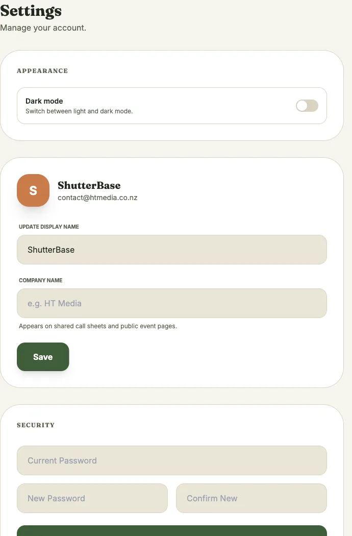 Settings page, showing the Appearance, Profile, and Security cards