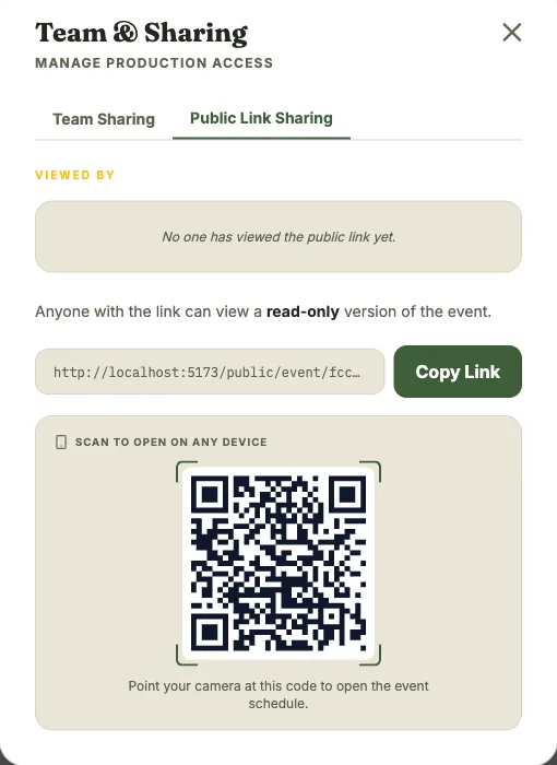 Team & Sharing modal, “Client Sharing” tab, showing the public page switch and link