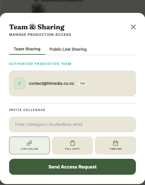 Team & Sharing modal, “Team Members” tab, showing the invite form and share-type options