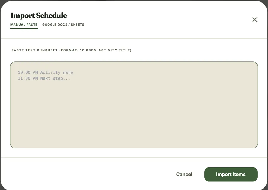 Bulk Import modal, showing the “Manual Paste” and “Google Docs / Sheets” tabs