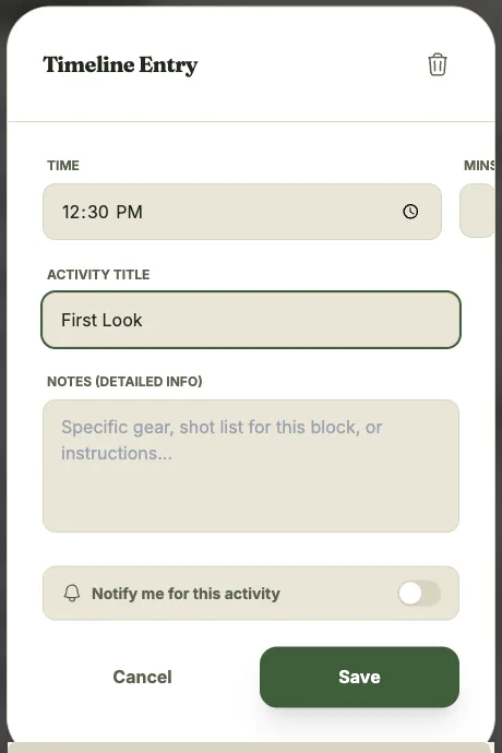 Timeline Entry modal, showing the “Notify me for this activity” toggle